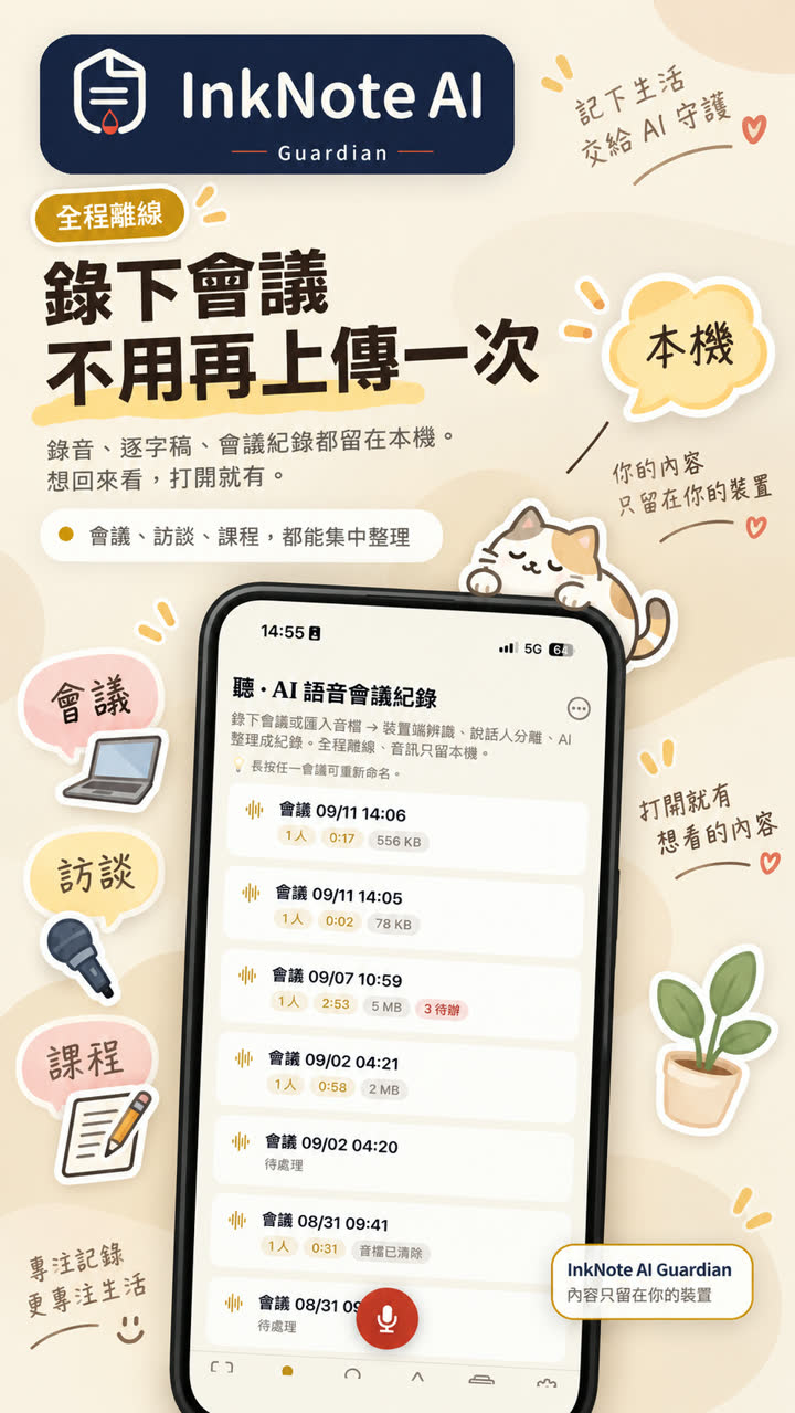 全程離線功能圖卡:錄下會議不用再上傳一次。App 畫面顯示會議列表，每一筆標示說話人數、長度與檔案大小。