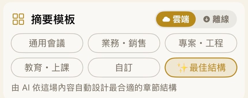 InkNote AI Guardian 摘要模板選擇器:上方可切換「雲端」與「離線」,下方六個模板為通用會議、業務·銷售、專案·工程、教育·上課、自訂,以及由 AI 依內容自動設計章節結構的「最佳結構」。